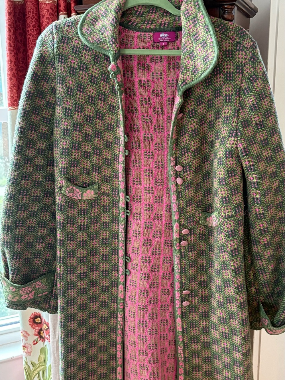 Anthropology vintage -Inspired Green & Pink Knit Coat by Ivko.
